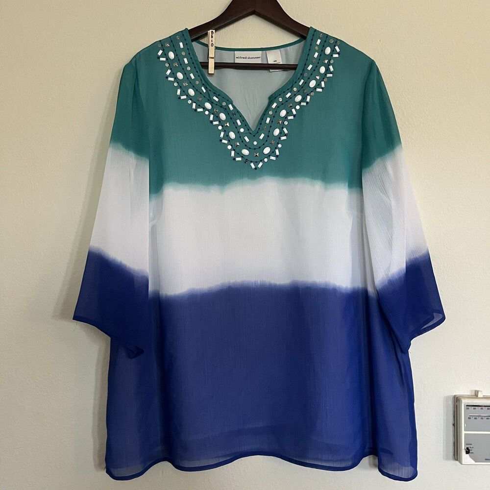 Alfred Dunner 3/4 Sleeve Embellished V Neck Coastal Resort Lined Top SZ 18W